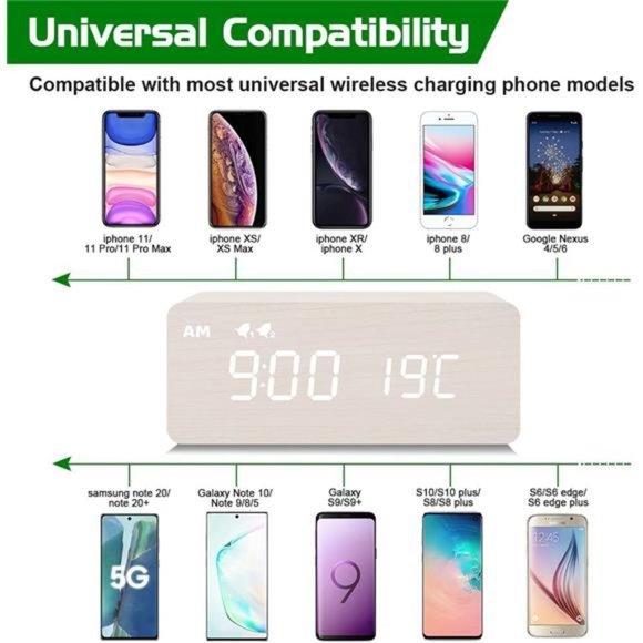 Digital Wooden Alarm Clock with Wireless Charging 0-100% Dimmer, Dual Alarm - Picture 2 of 5